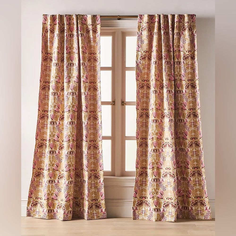 New Anthropologie Cotton Jacquard Strawberry Bird Curtain 50”x 84”Set of Two